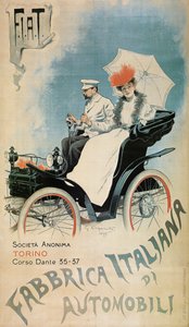 Cartaz publicitário de um carro antigo da FIAT, 1899